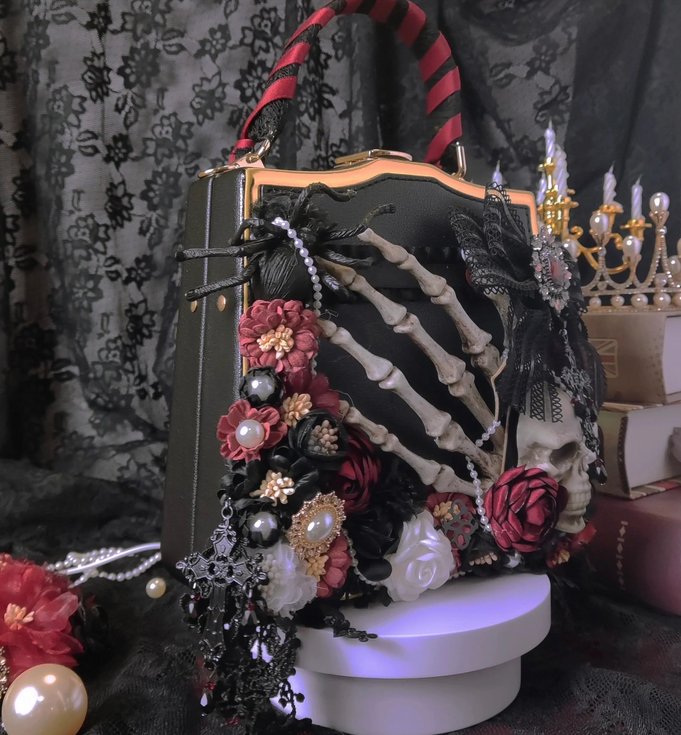 Vintage Punk Black Flower Butterfly Skeleton Gothic Crossbody Bag - Fashionpara