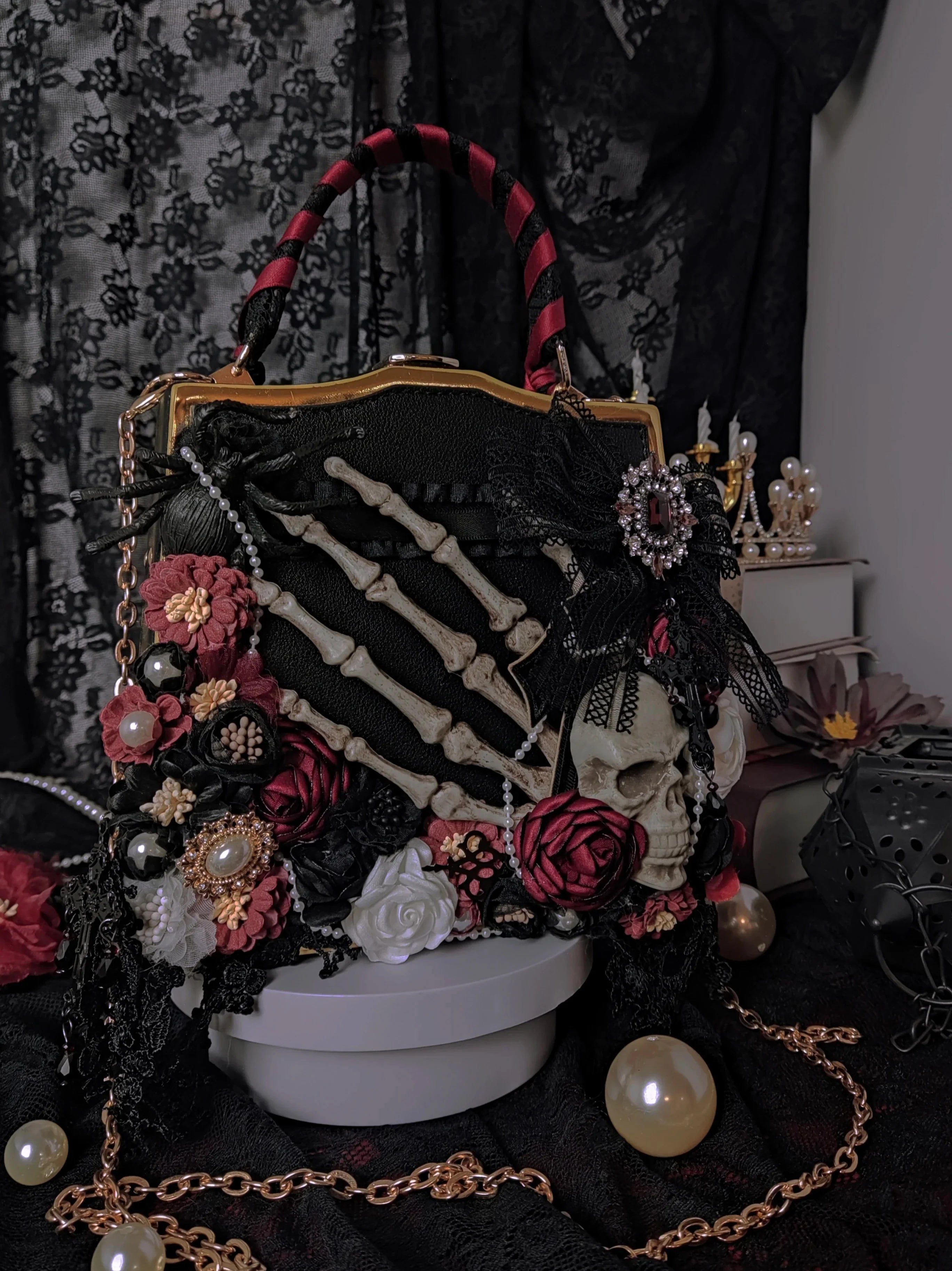 Vintage Punk Black Flower Butterfly Skeleton Gothic Crossbody Bag - Fashionpara