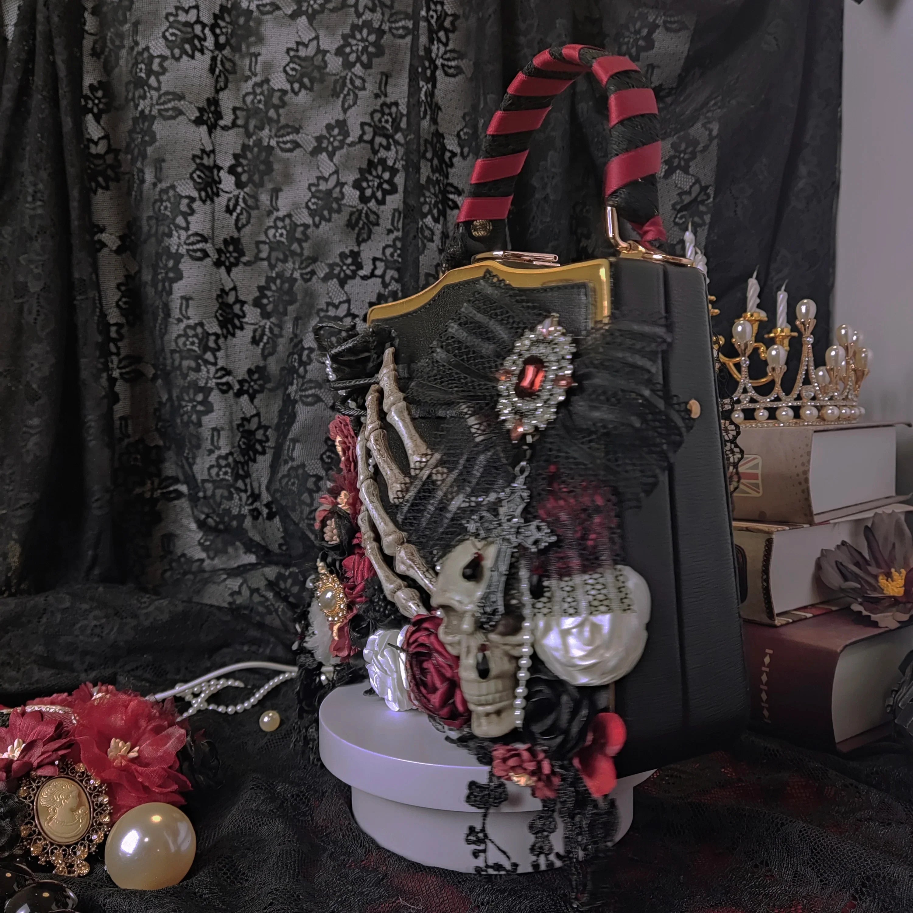 Vintage Punk Black Flower Butterfly Skeleton Gothic Crossbody Bag - Fashionpara