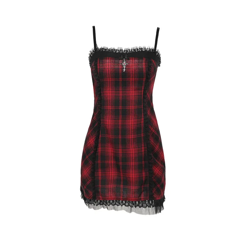 Plaid Lace Trim Spaghetti Strap Bodycon Mini Dress