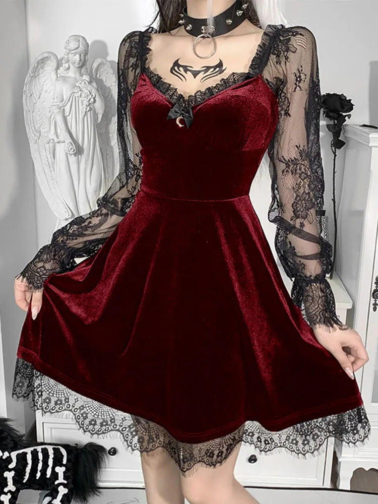 Velvet Lace Sleeve Sweetheart Neck A-Line Mini Dress 8