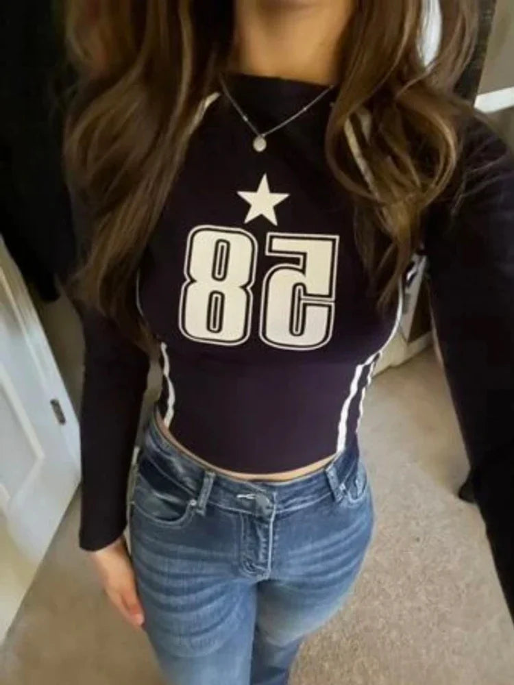 Gothic Open Umbilical Letter Printed Casual Long Sleeve Knit Top