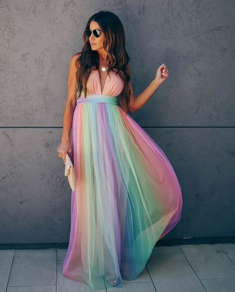 Deep V-Neck Empire Waist Sleeveless Striped Tulle Maxi Dress