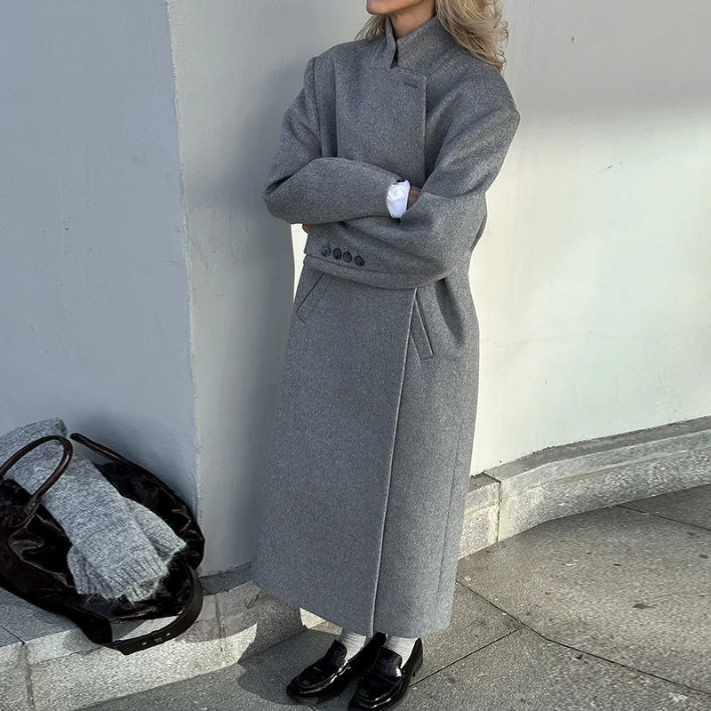 Gray Casual Wool Notched Button Up Overcoat