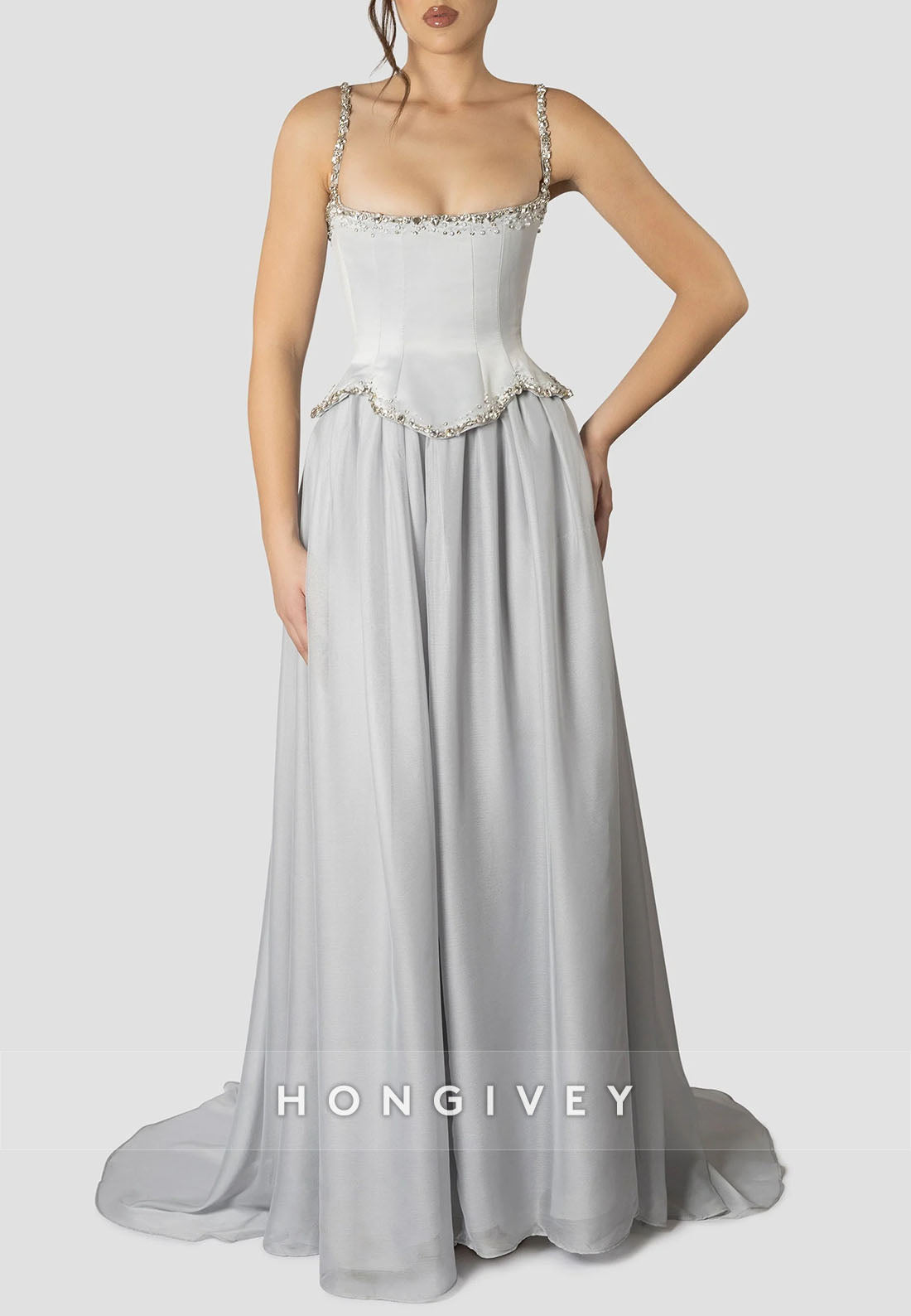 A-line Sweep Train Square Sleeveless Pleated Crisscross Back Evening Gown