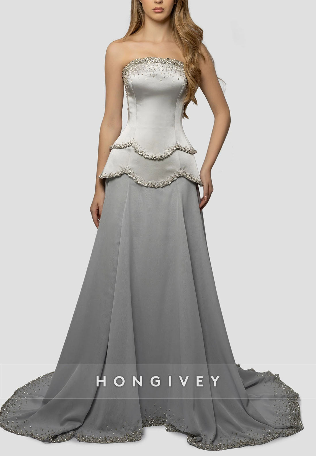 Court Train Off the Shoulder Strapless A-line Trim Pleated Crisscross Back Evening Gown