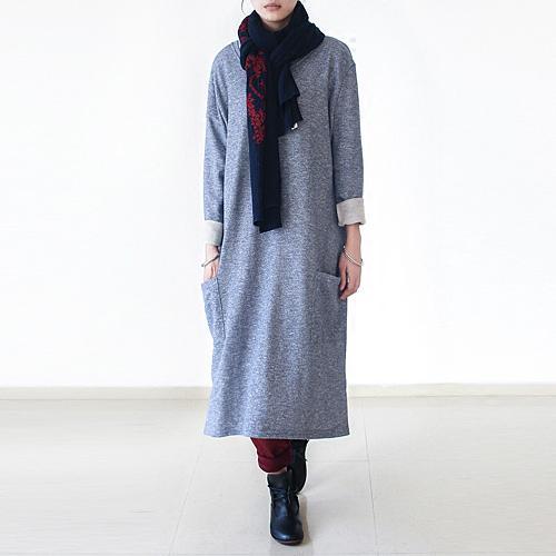 Knit Crew Neck Rolled Cuff Patch Pocket Oversized Midi Dress