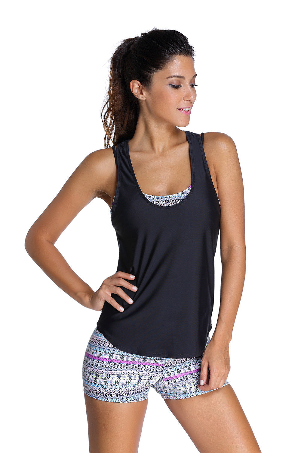Grayish Print Sports Bra Tankini Swimsuit with Black Vest