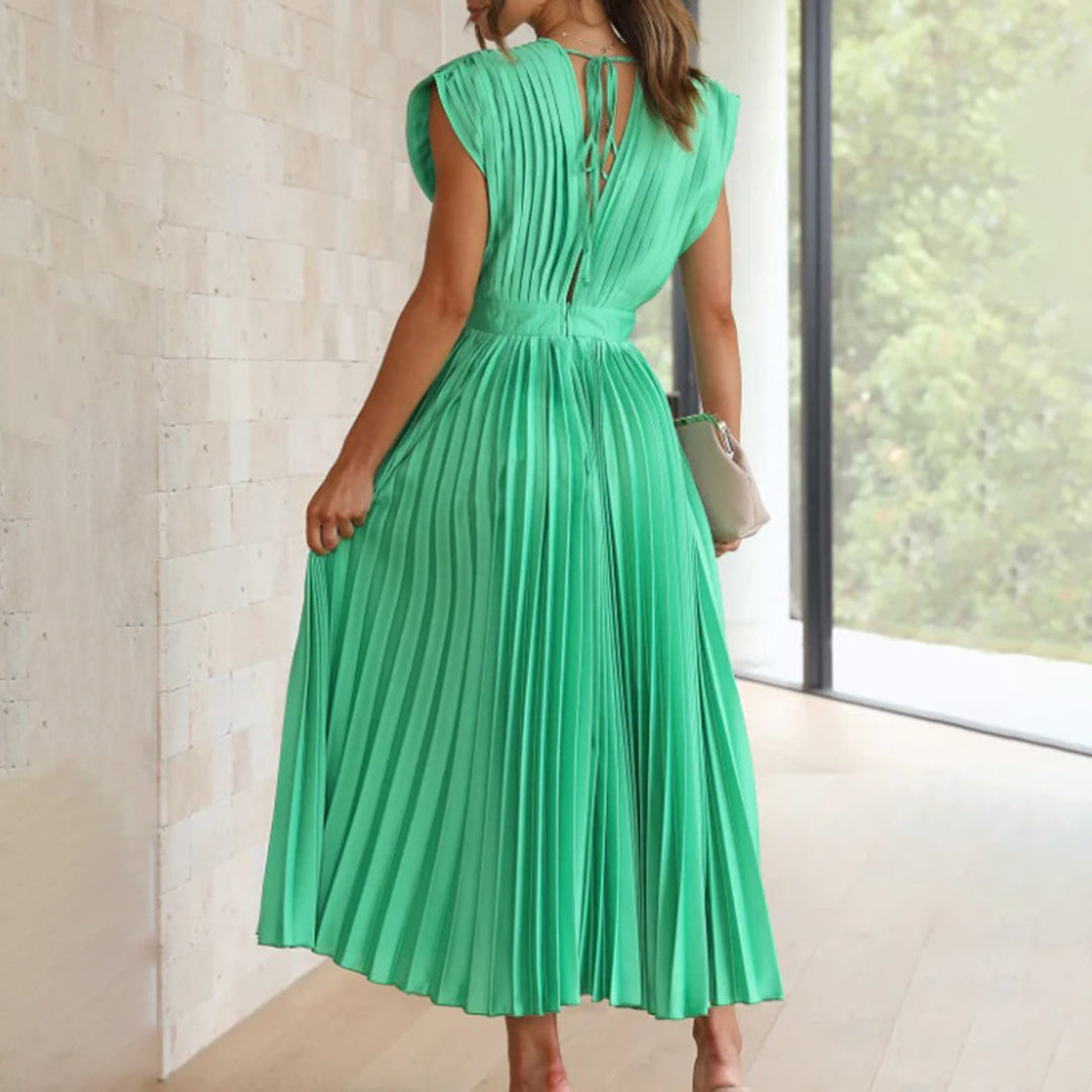 Pleated Satin Deep V-Neck Sleeveless Midi Dress 13