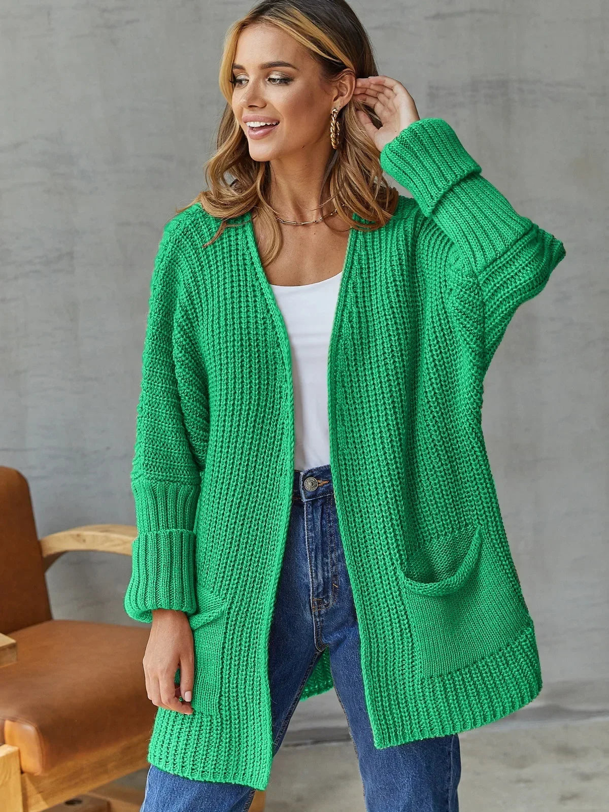 Green Knit Loose Heart Pocket Maxi Long Spring Autumn Winter Coats - Fashionpara