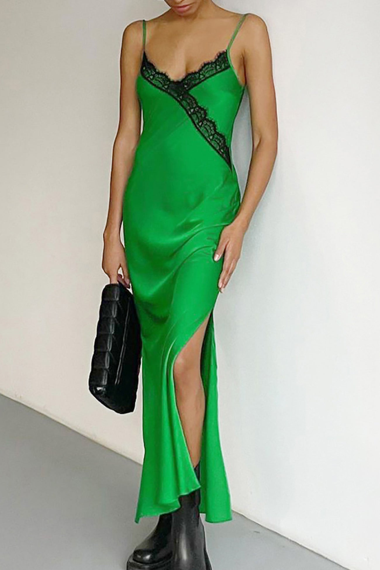 Green Lace Patchwork Satin Slit Dress