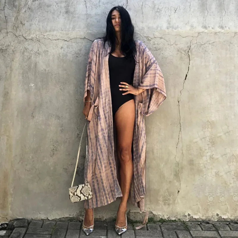 Green Printed Silky Kimono Robe Boho Cover up