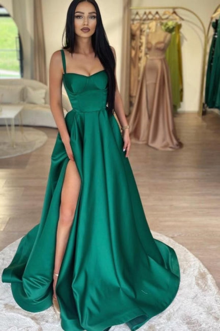 A-Line Green Shiny Elastic Satin Front Split Court Train Prom Dress - Fashionpara