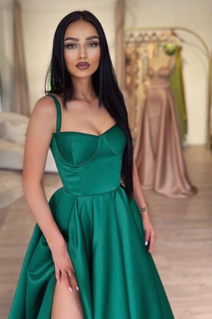 A-Line Green Shiny Elastic Satin Front Split Court Train Prom Dress - Fashionpara
