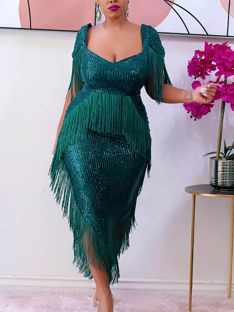 Sequin Sweetheart Short Sleeve Fringe Trim Bodycon Midi Dress