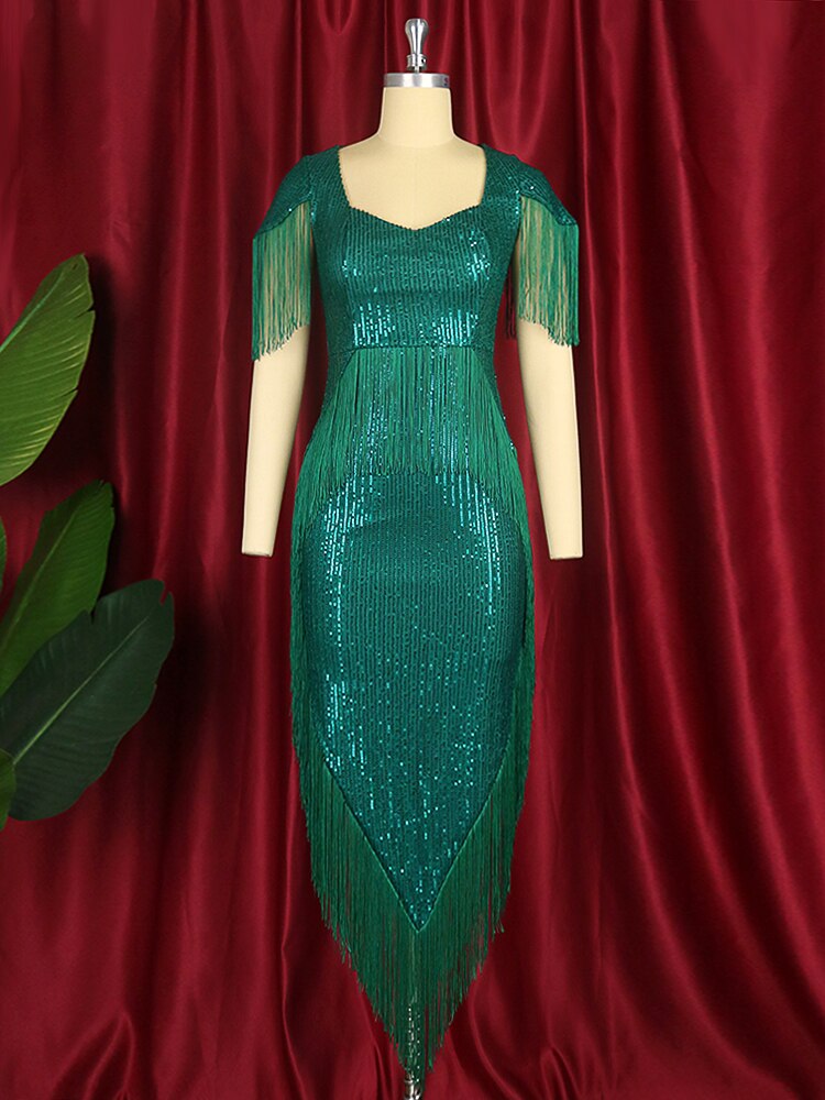 Sequin Sweetheart Short Sleeve Fringe Trim Bodycon Midi Dress - View 2