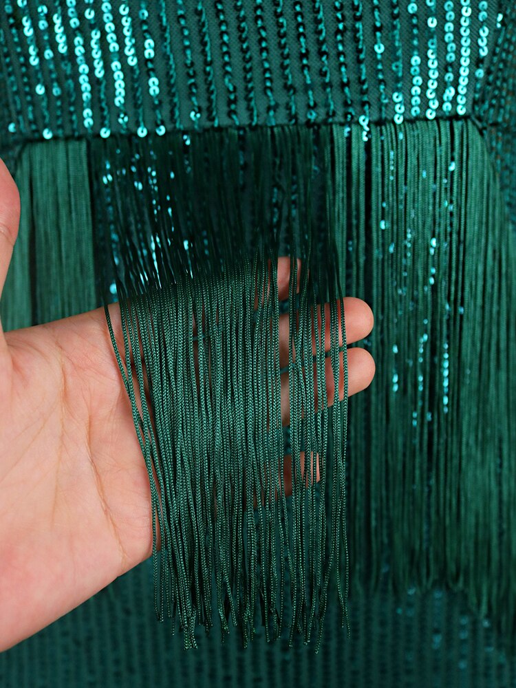 Sequin Sweetheart Short Sleeve Fringe Trim Bodycon Midi Dress - View 5