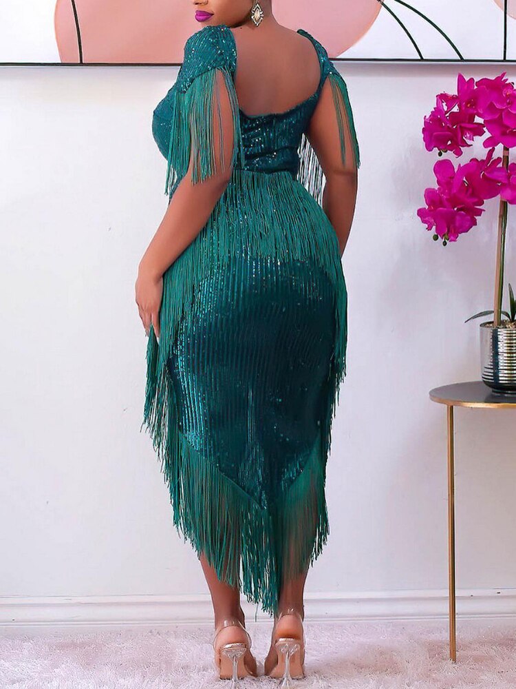 Sequin Sweetheart Short Sleeve Fringe Trim Bodycon Midi Dress - View 6
