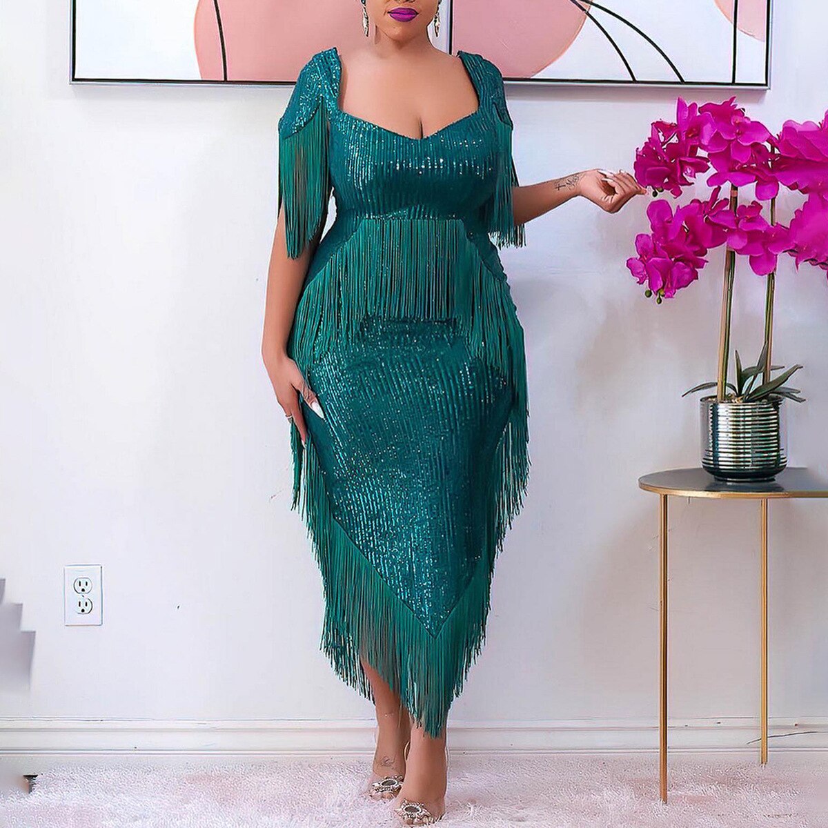 Sequin Sweetheart Short Sleeve Fringe Trim Bodycon Midi Dress - View 7