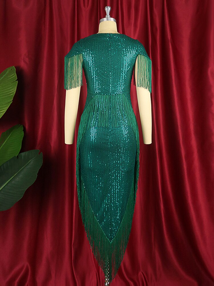 Sequin Sweetheart Short Sleeve Fringe Trim Bodycon Midi Dress - View 3