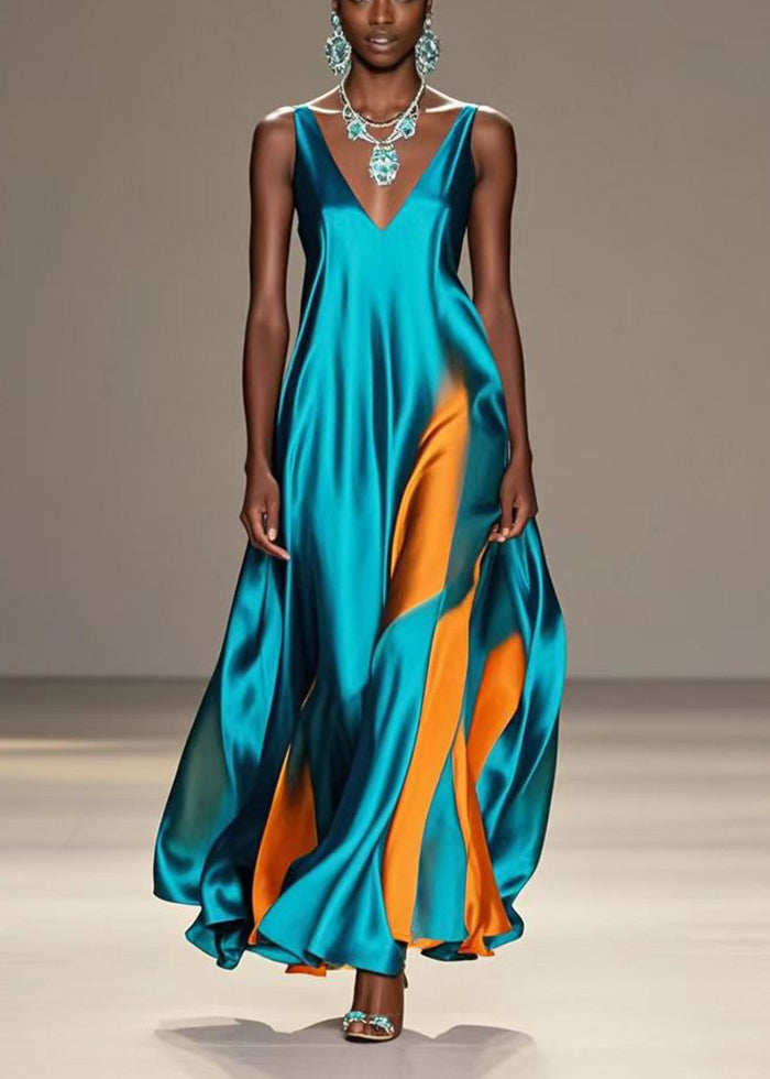 Satin Wave Panel Deep V-Neck Spaghetti Strap Flared Floor Length Gown