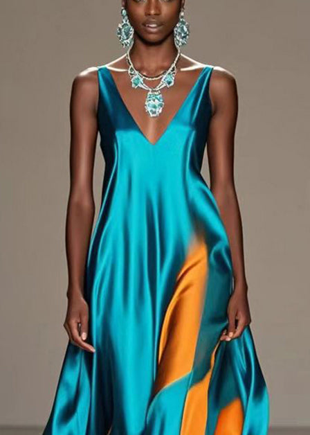 Satin Wave Panel Deep V-Neck Spaghetti Strap Flared Floor Length Gown - View 2