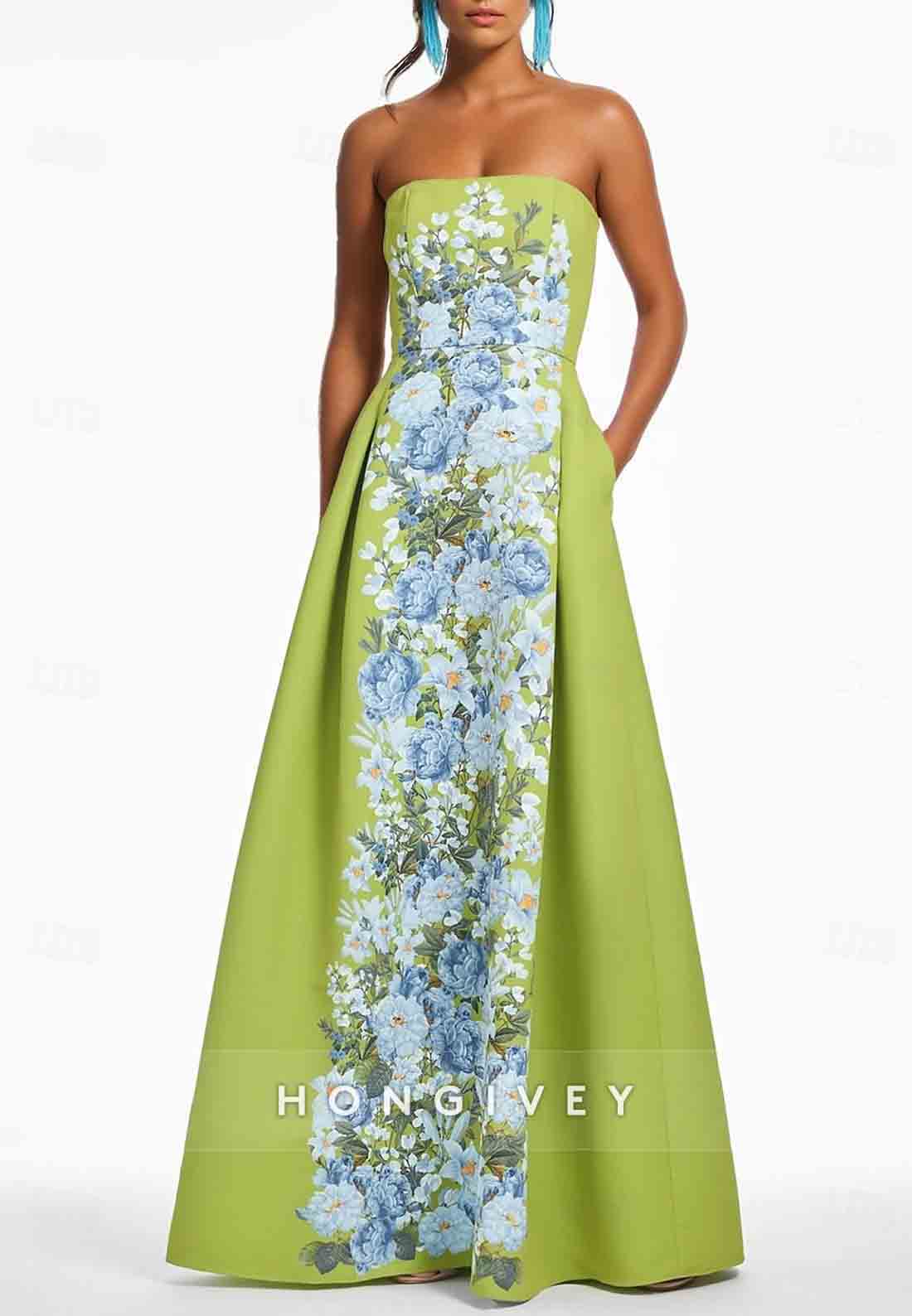 Floral A-Line Evening Gown Elegant Formal Wedding Floor-Length Strapless Satin