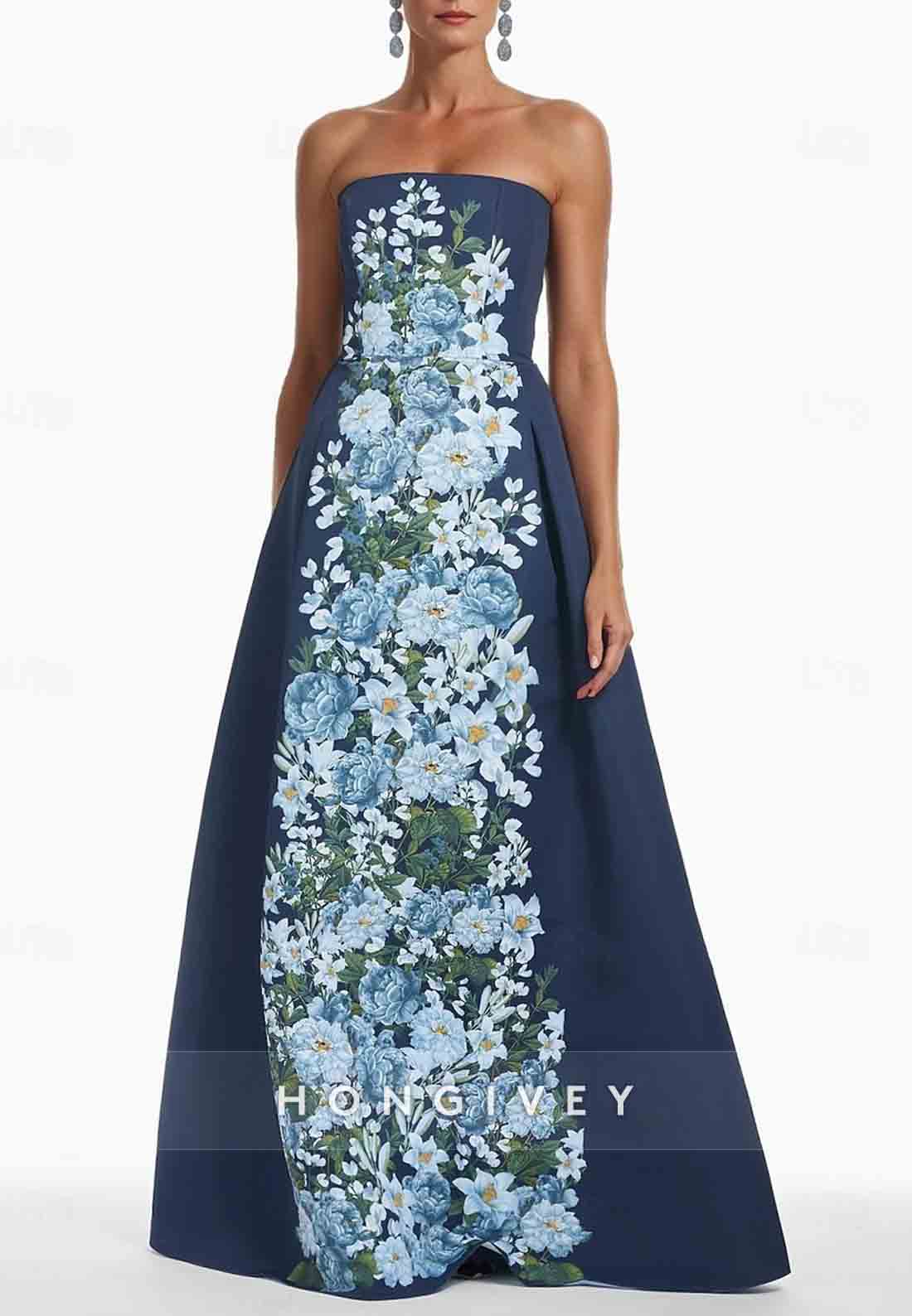 Floral A-Line Evening Gown Elegant Formal Wedding Floor-Length Strapless Satin