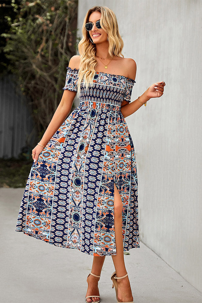 Green Print Boho Off Shoulder Midi Dress