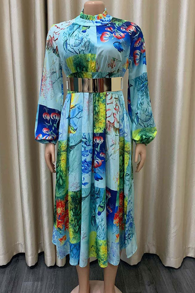 Green Print Long Sleeve A-Line Dress  Fashionpara