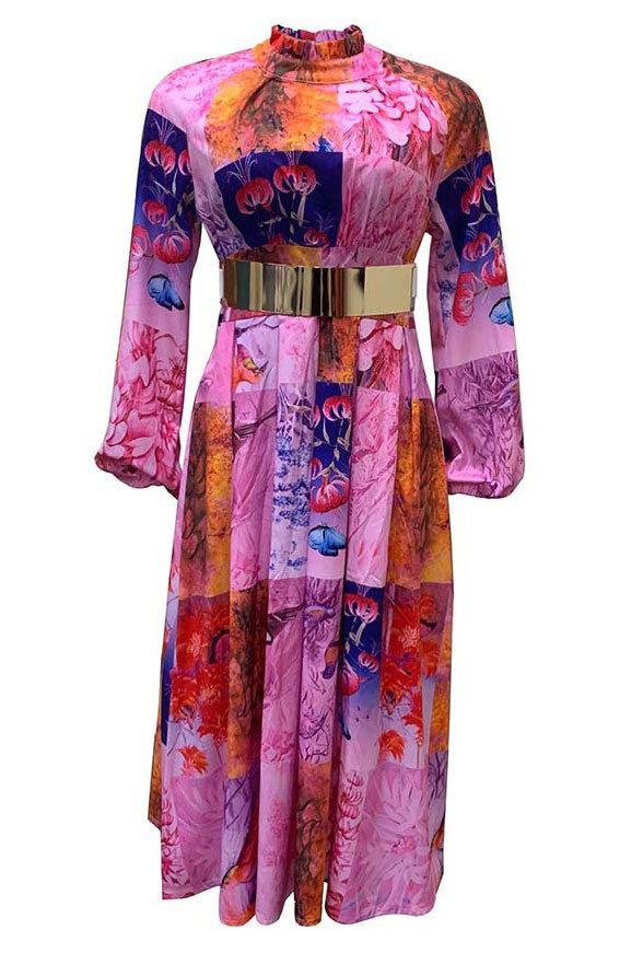 Green Print Long Sleeve A-Line Dress  Fashionpara