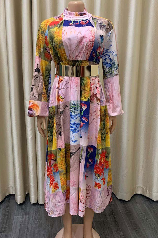 Green Print Long Sleeve A-Line Dress  Fashionpara