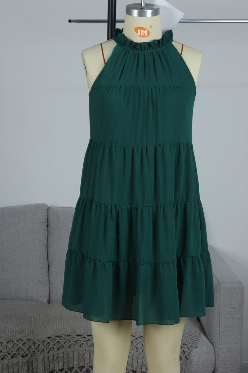 Tie-Neck Sleeveless Tiered Ruffle Swing Mini Dress
