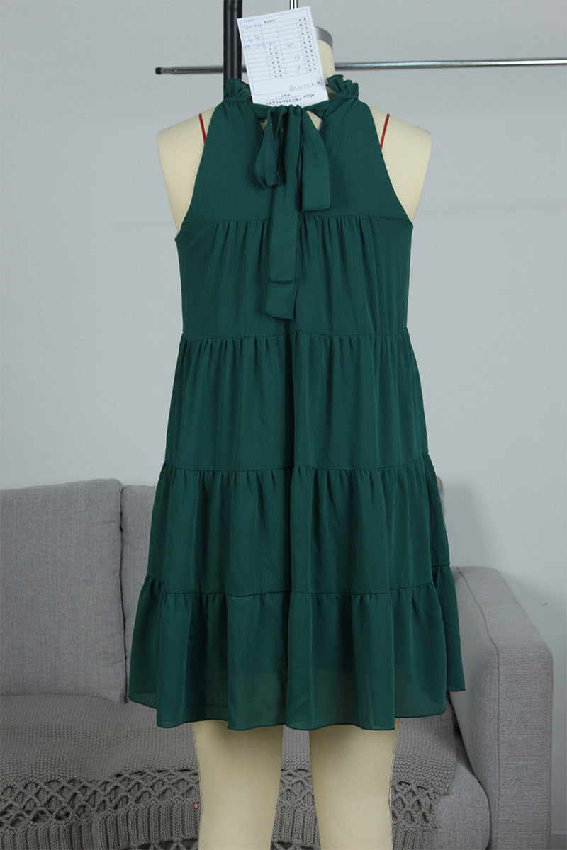 Tie-Neck Sleeveless Tiered Ruffle Swing Mini Dress
