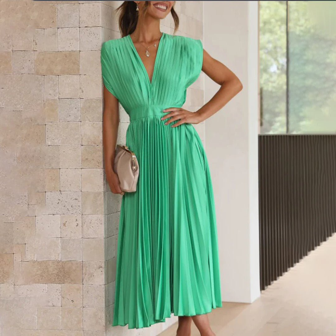 Pleated Satin Deep V-Neck Sleeveless Midi Dress 12