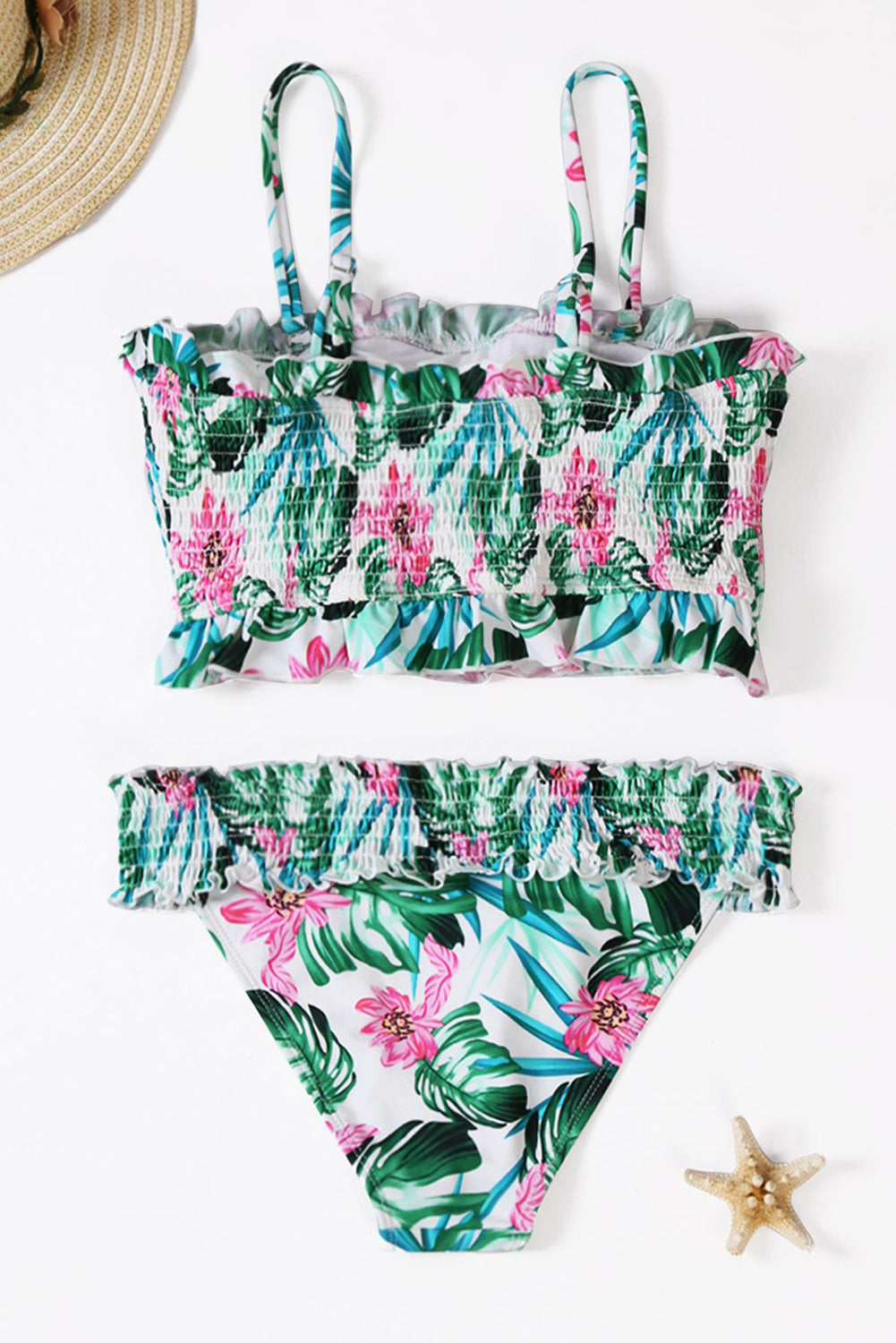 Green Cute Floral Patterned Smocked Bikini Set