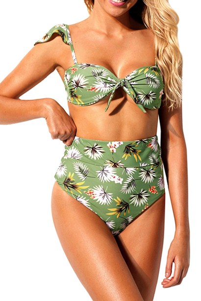 Green Floral Versatile Bandeau Bikini High Waist Swimsuit