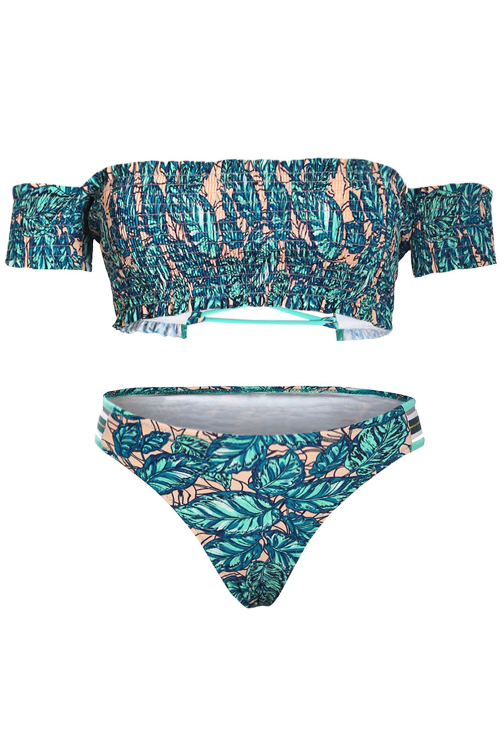 Green Tropical Printed Sleeve Smocked Two-Piece Swimsuit