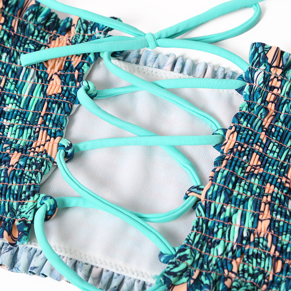 Green Tropical Printed Sleeve Smocked Two-Piece Swimsuit