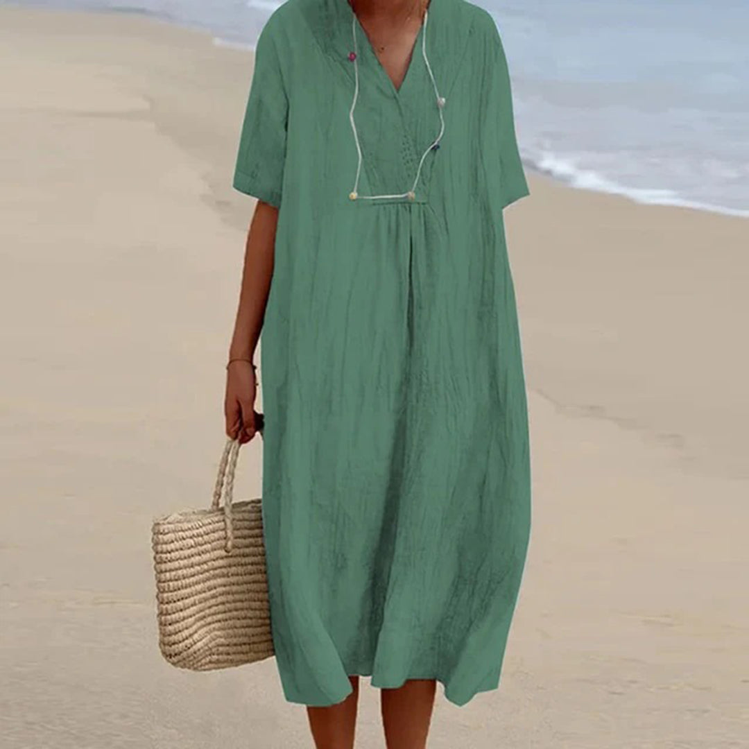 Split Neck Short Sleeve Linen Midi Dress 7