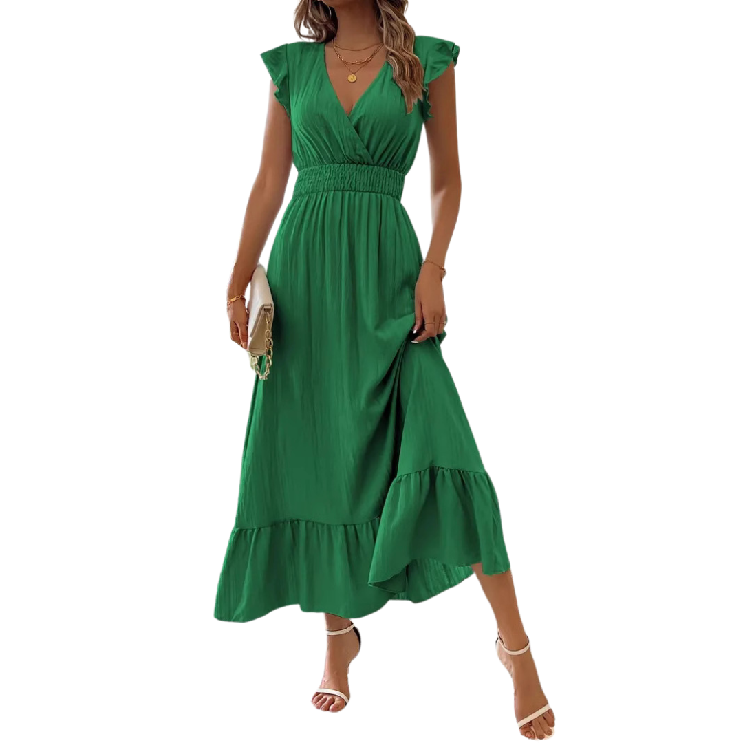 V-Neck Ruffle Cap Sleeve Smocked Waist Ruffle Hem Midi Dress 2