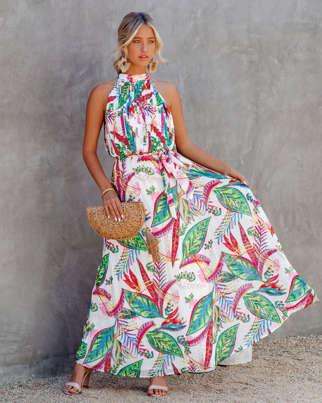 Tropical Print Halter Neck Pleated Maxi Dress