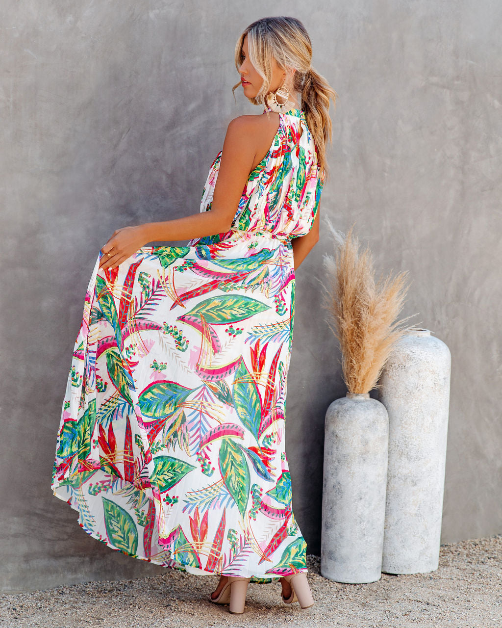 Tropical Print Halter Neck Pleated Maxi Dress