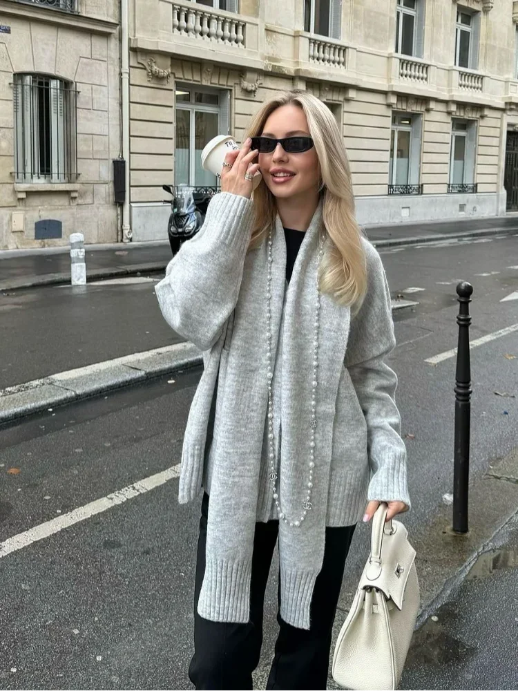 Grey Scarf Collar Loose Cashmere Cardigan