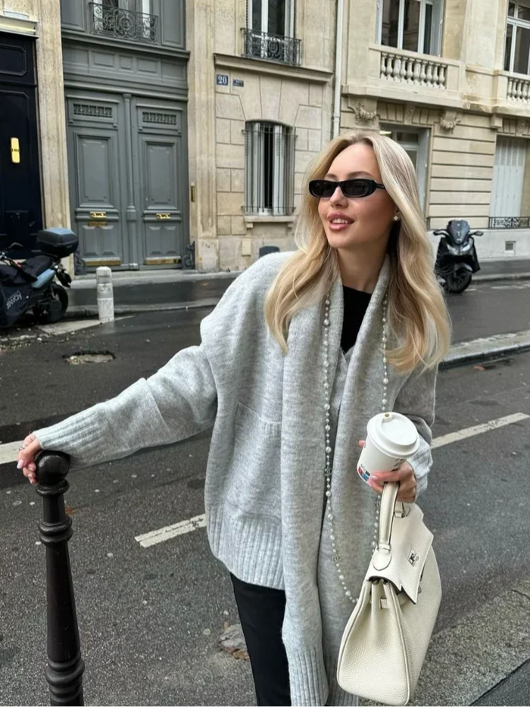 Grey Scarf Collar Loose Cashmere Cardigan