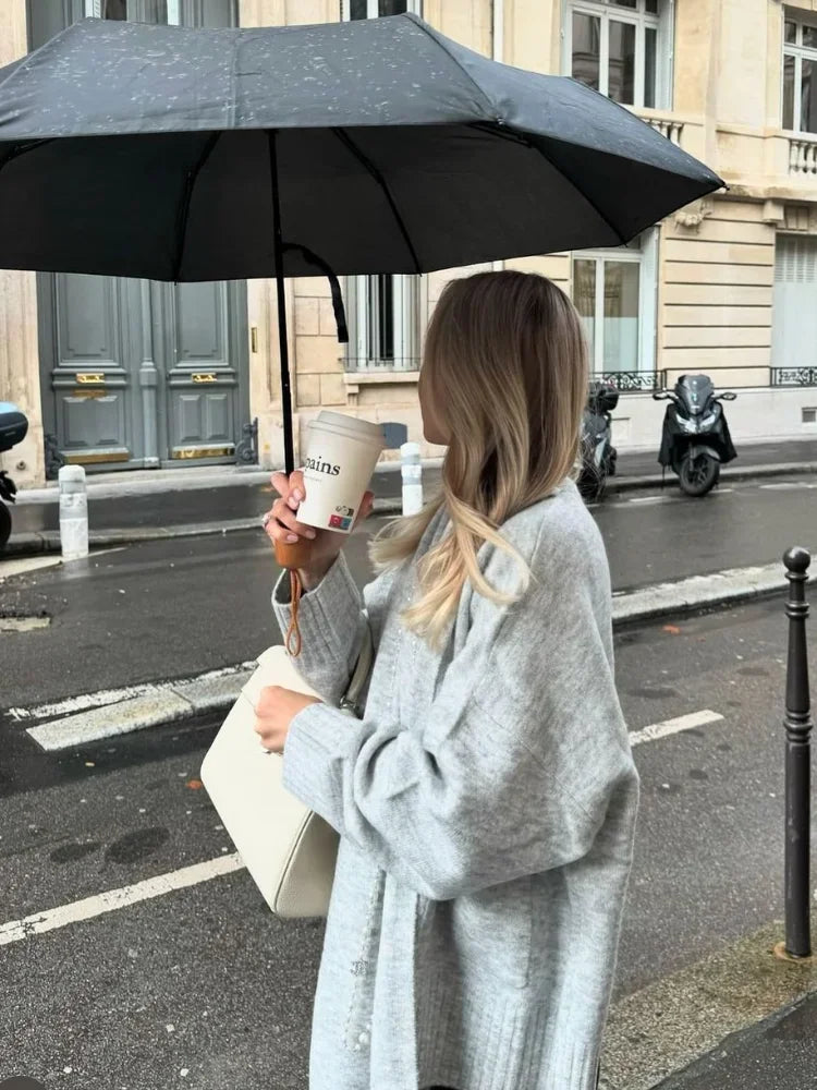 Grey Scarf Collar Loose Cashmere Cardigan