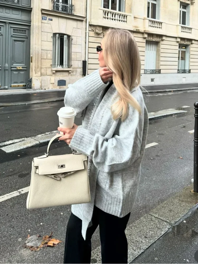 Grey Scarf Collar Loose Cashmere Cardigan