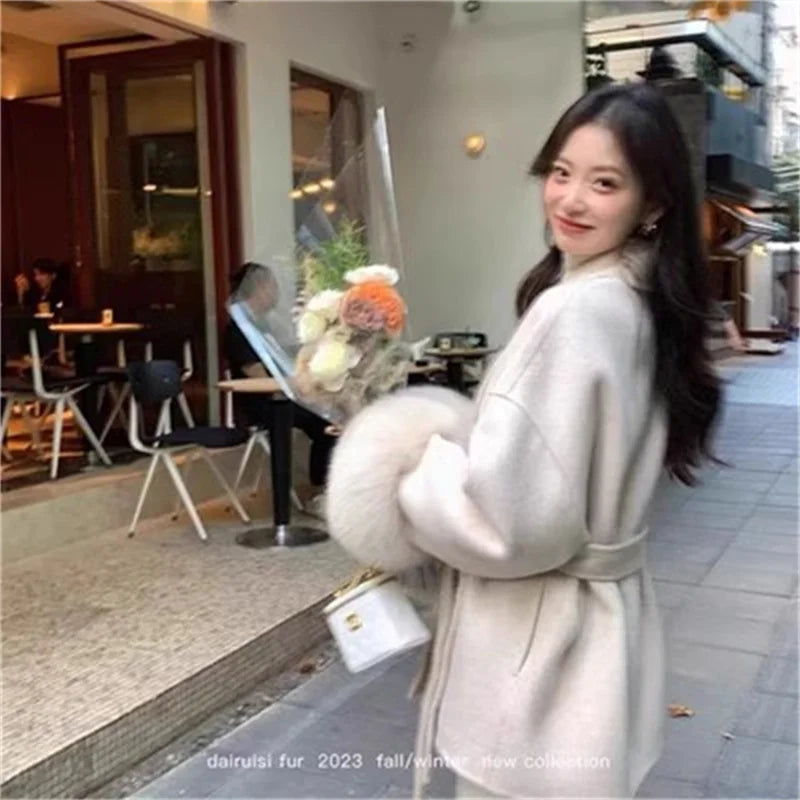 Grey Tie Waist Woolen Loose High-end Cape Medium Coats - Fashionpara