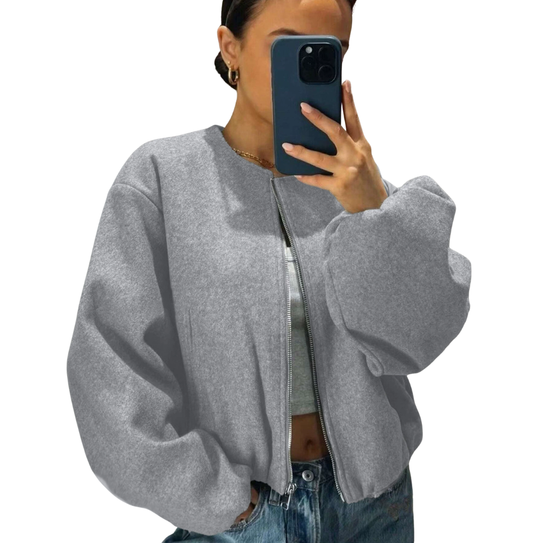 Round Neck Zip Front Drop Shoulder Cropped Bomber Jacket 3