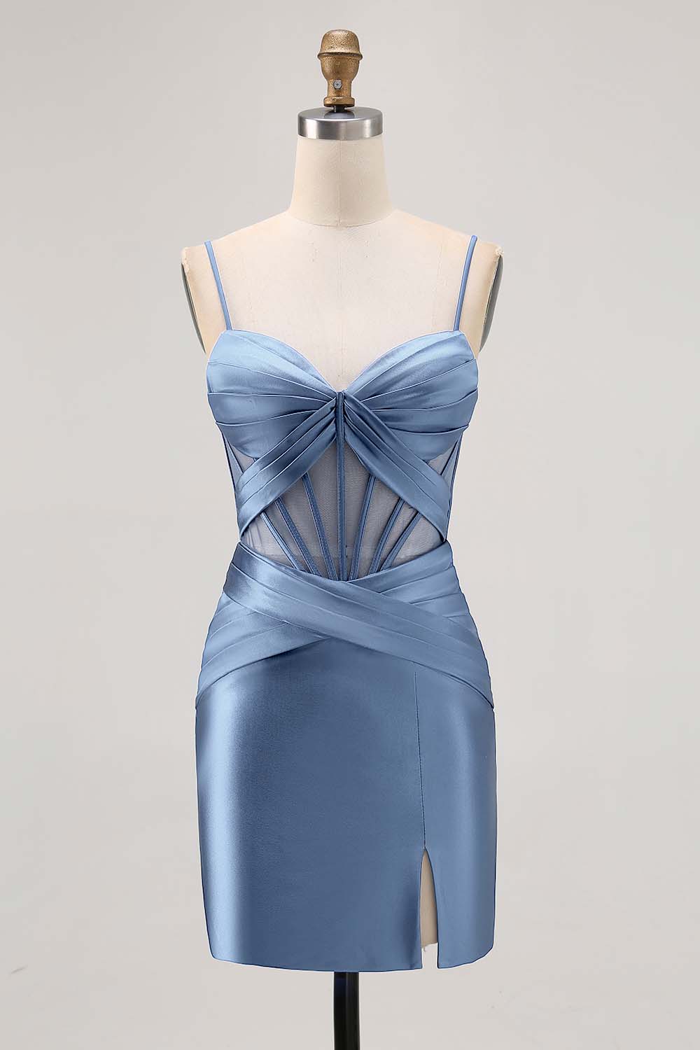 Royal Blue Satin Tight Ruched Corset Short Homecoming Dress with Slit